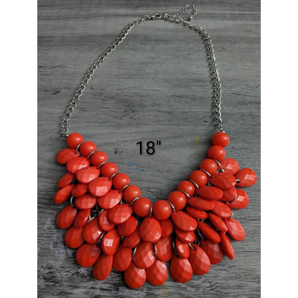 Orange Statement Bib Necklace Faceted Teardrop Bead Cluster Silver Tone Chain